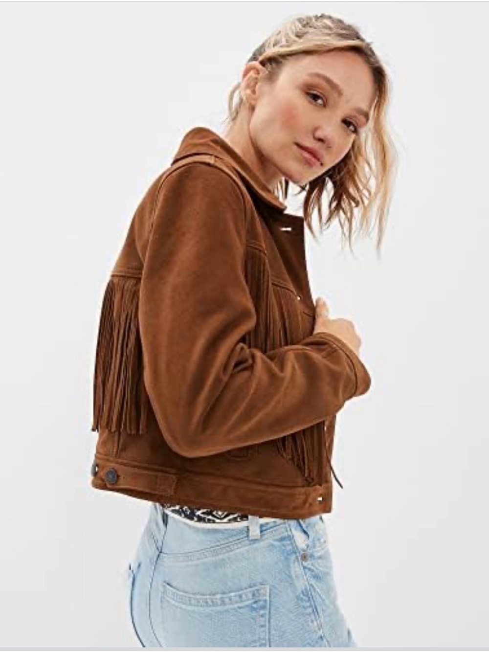 American Eagle Outfitters Brown Suede Fringe Jacket